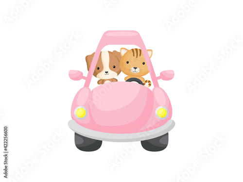 Cute little dog and cat driving pink car. Cartoon character for childrens book, album, baby shower, greeting card, party invitation, house interior. Vector stock illustration.