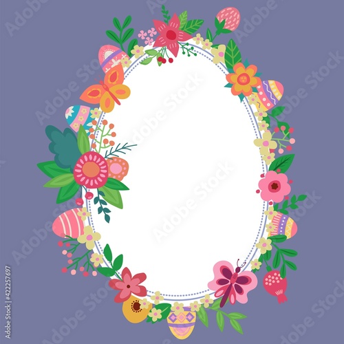 Fototapeta Naklejka Na Ścianę i Meble -  Easter card with cute flowers, eggs and butterflies. Hand-drawn flat style. Vector illustration.