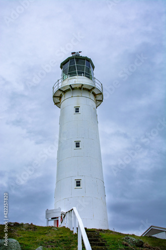 Close-up of Cape Egmont Lighthouse on a gloomy winter day. Taranaki  New Zealand