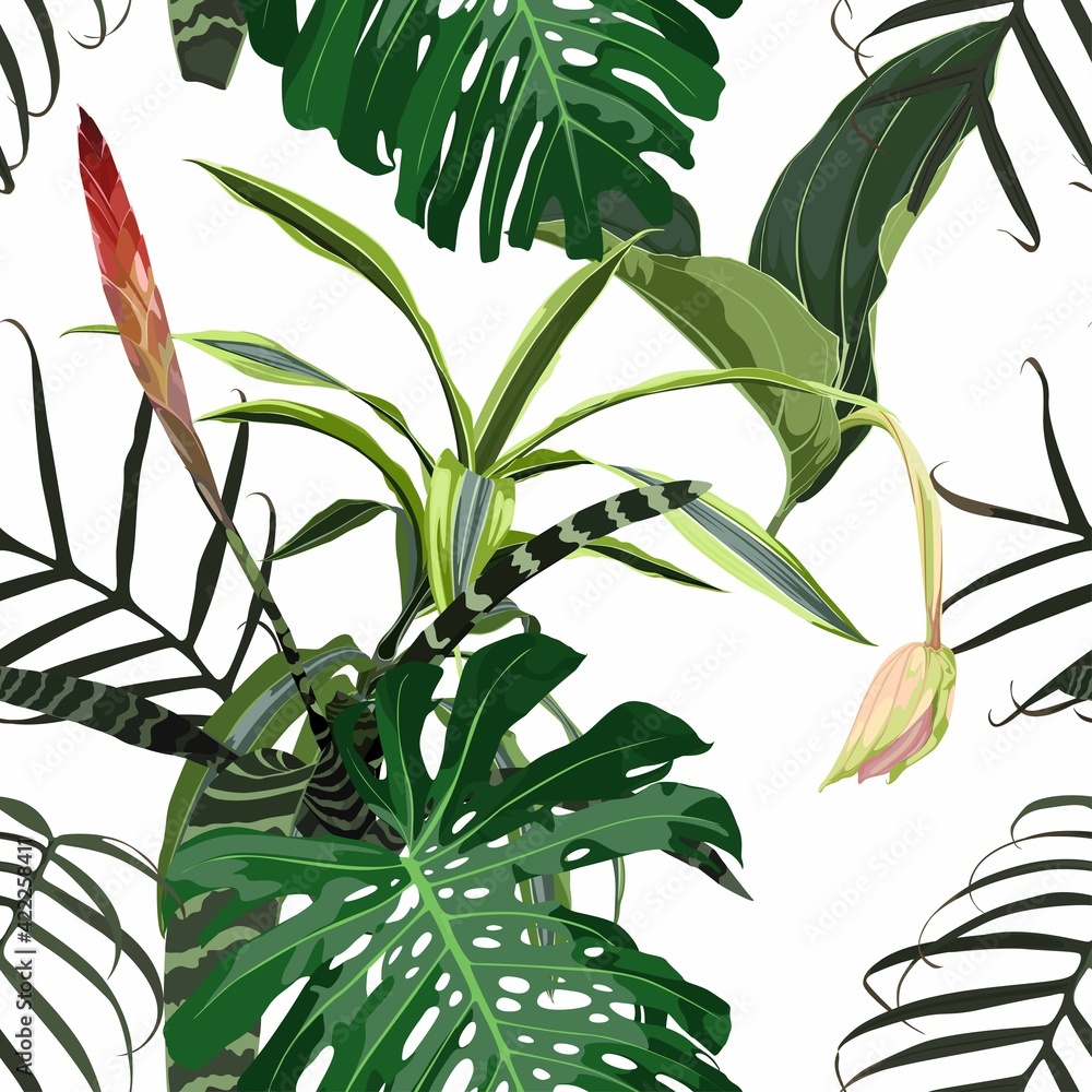 custom made wallpaper toronto digitalHand drawn seamless tropical floral pattern with red guzmania flowers and many kind of tropical leaves. Exotic hawaiian fabric design on white background.