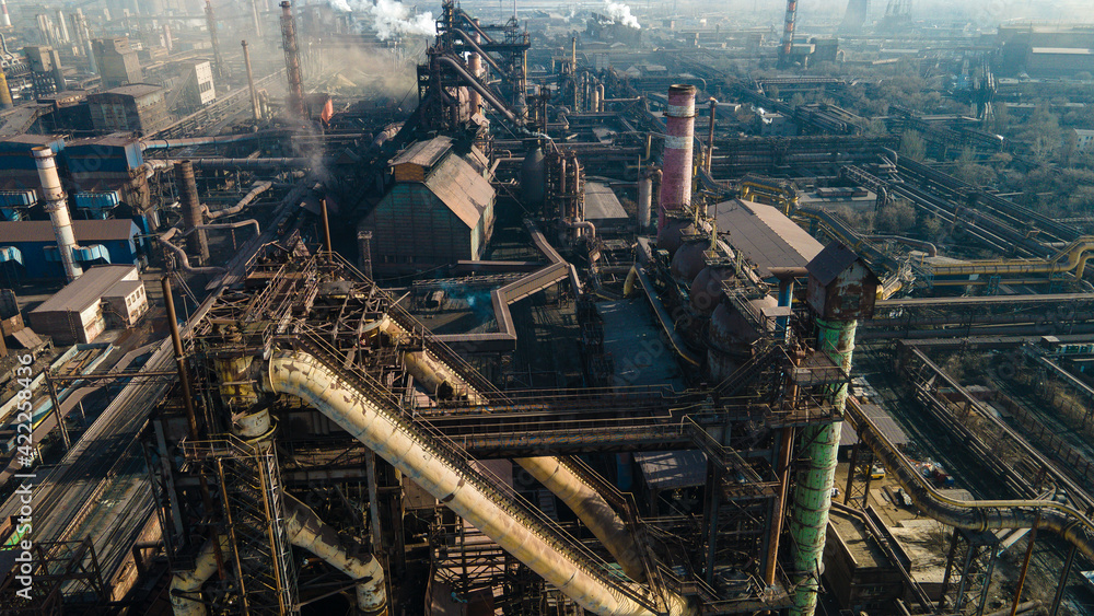 steel plant top view drone shooting industry smoke from chimneys