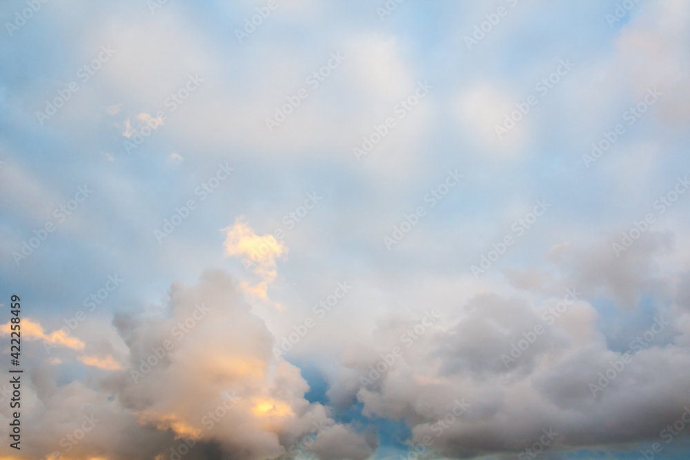 Fantastic white cloud background and texture. Abstract wallpaper with pastel color sky. Freedom and fresh air concept. Soft blur scenic weather photo with copy space