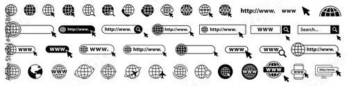 Set of www, globe and search bar elements. Globe with cursor icons, browser bar, WWW, mouse cursir, search. Vector illustration.