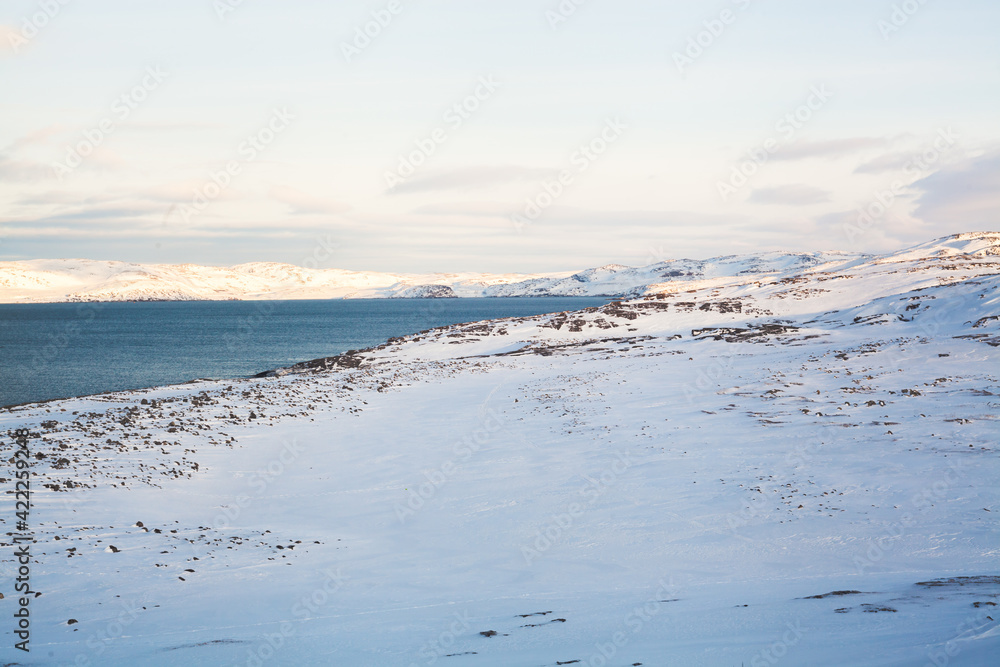 North sea coast with ice and snow. Tranquil frozen natural landscape. Horizontal photo with copy space. Banner for website header design