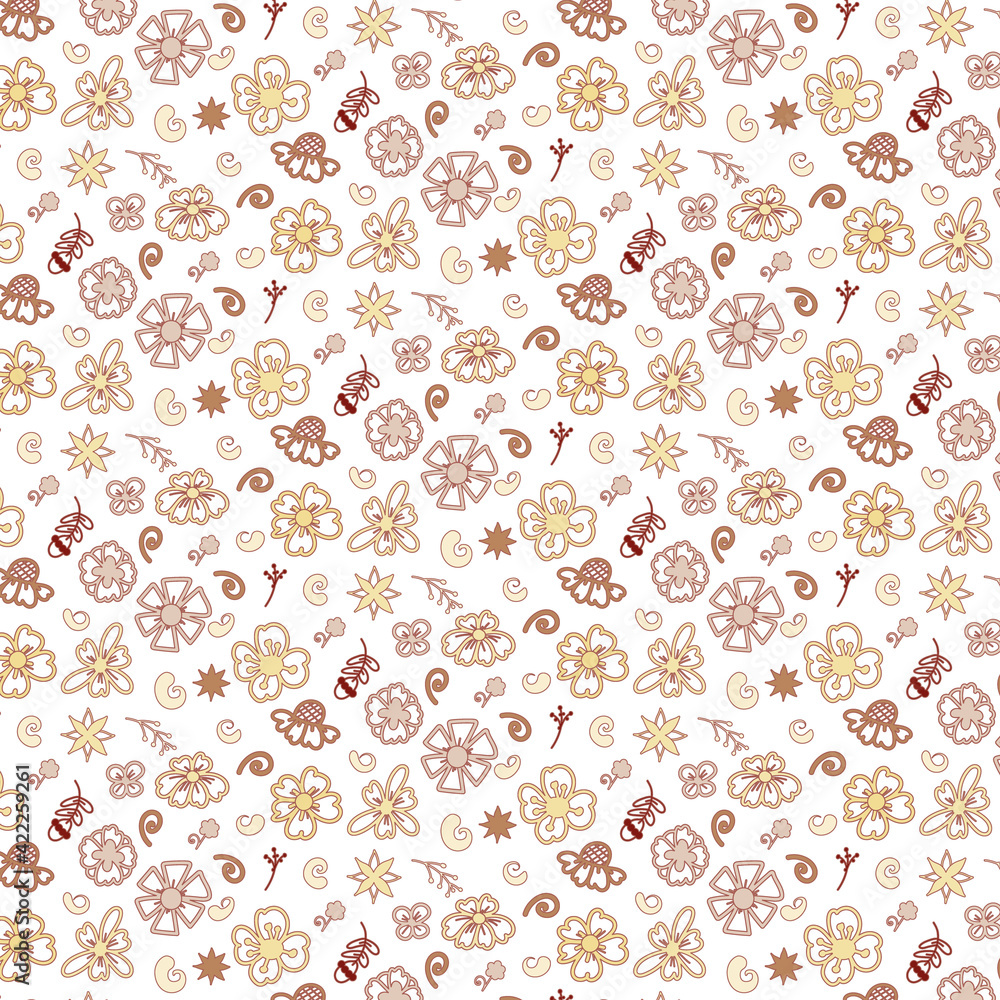 Floral, plants and spiral elements Seamless Pattern. Vector Illustration for wallpaper, pattern fills, textile, web page background, surface textures.
