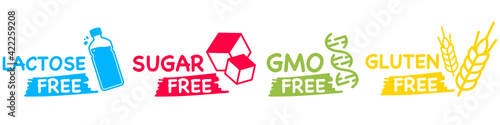Lactose free. Gluten free. Sugar free. GMO free. Healthy, Organic, natural. Set of stickers of common allergens. Label for healthy daily food, used for packaging design. Food intolerance symbols