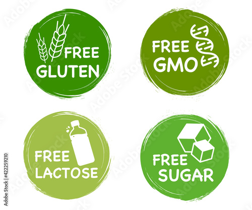 Lactose free. Gluten free. Sugar free. GMO free. Healthy, Organic, natural. Set of stickers of common allergens. Label for healthy daily food, used for packaging design. Food intolerance symbols
