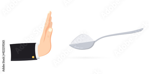 Human gesture hand refuses to sweet. Sugar free. No sugar, vector sign. Harmful product. Healthy lifestyle. Ban on sweets. Spoon with sugar