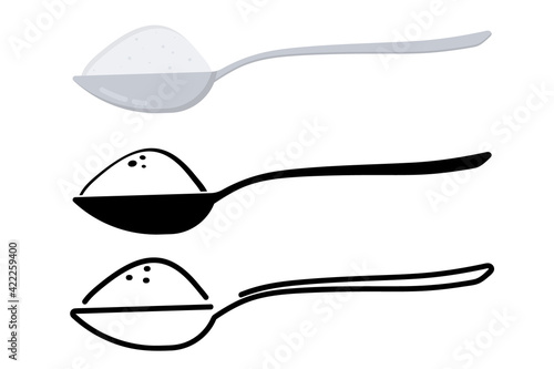Spoon with sugar or salt. Teaspoon with sugar, salt, flour or other ingredient. Baking and cooking Ingredients. Pouring Sugar. Sugar free. No sugar sign
