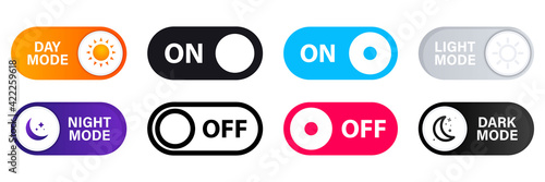 On and Off toggle switch buttons. Light and Dark Buttons. Day night switch. Gadget interface switch to Day and Night mode for Mobile App, Web Design, Animation. Day and Night Mode. Dark mode switch