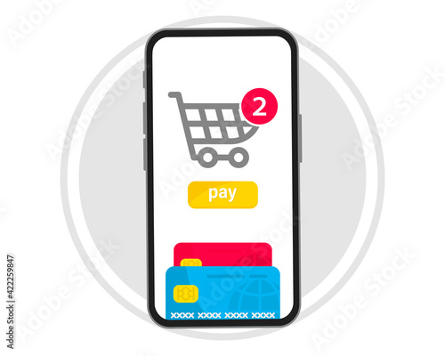 Mobile Payment. Smartphone with Online Payment. Credit card on screen phone. Online shopping. NFC payments. Banking, Finance app and e-payment. Pay by credit card via electronic wallet wirelessly