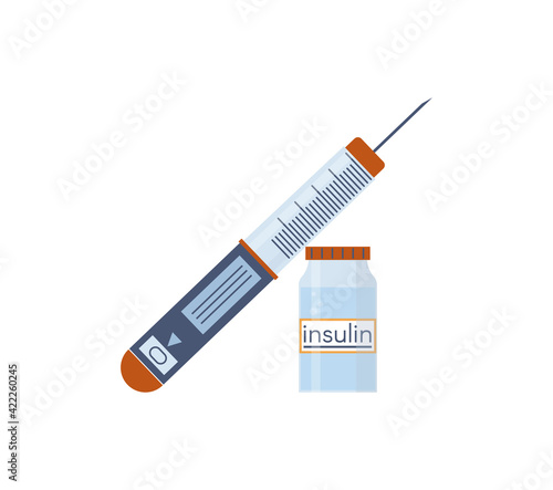 nsulin bottle and disposable syringe for injection. Control your Diabetes concept. Concept of vaccination, injection. Created For Mobile, Web, Decor, Application. Vector Illustration.