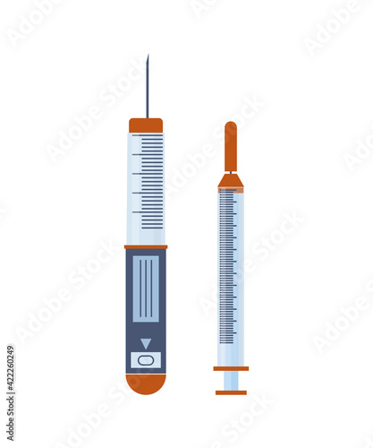nsulin bottle and disposable syringe for injection. Control your Diabetes concept. Concept of vaccination, injection. Created For Mobile, Web, Decor, Application. Vector Illustration.