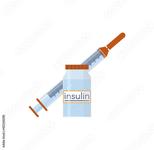 nsulin bottle and disposable syringe for injection. Control your Diabetes concept. Concept of vaccination, injection. Created For Mobile, Web, Decor, Application. Vector Illustration.