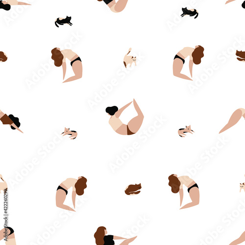 Lovely seamless pattern yoga women and cats