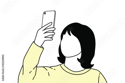 Young women use mobile phones to selfy hand draw pictogram style vector design illustration.