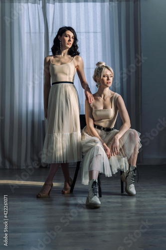 Studio portrait of young beautiful girls. Blue eyes, young and tender. The blonde sits on a chair and looks to the side, the brunette stands.
