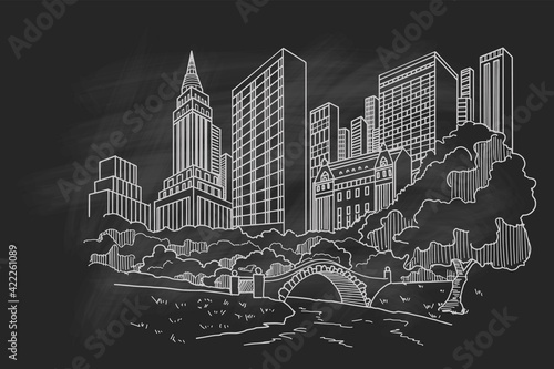 Hand drawn sketch of Central park in New York city.
