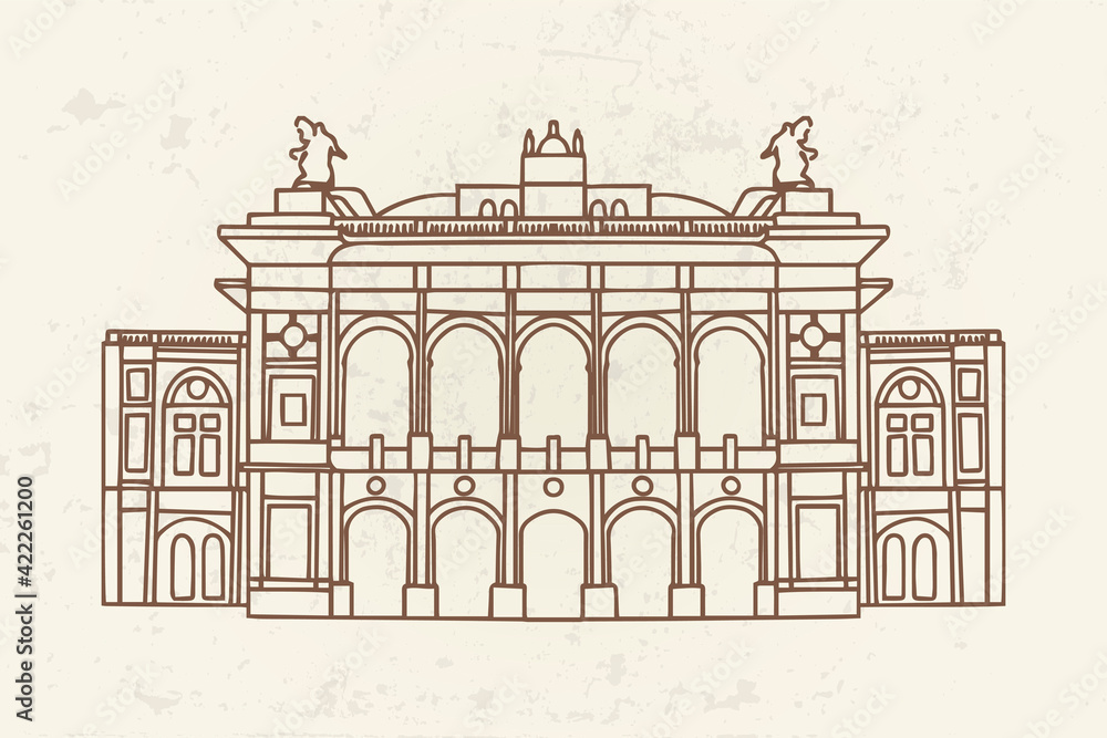 vector sketch of  Wiener Ringstrasse with Burgtheater, Vienna, Austria