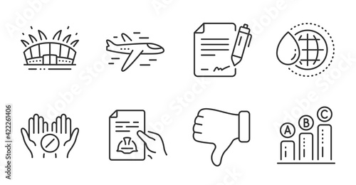 Arena stadium, Airplane and Dislike hand icons set. Signing document, Graph chart and Medical tablet signs. Vector