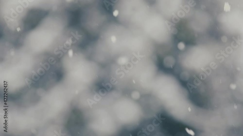 Slow motion of falling snow. Blurred winter background. Snowing dream. Winter cold weather