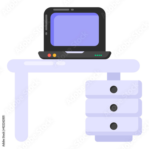 
Laptop on table denoting flat icon of office table 

