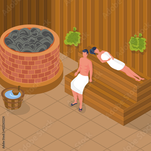 Bathhouse. A woman and a man take a steam bath and relax in a bath. Healthy lifestyle. Steam room. Landing page sauna. Vector illustration isometric design. Isolated on white background.
