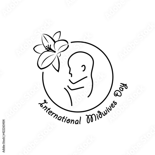 International Midwives Day linear medical icon. Vector abstract illustration of fetus in utero symbol and flower. Linear emblem for Midwives Day celebration