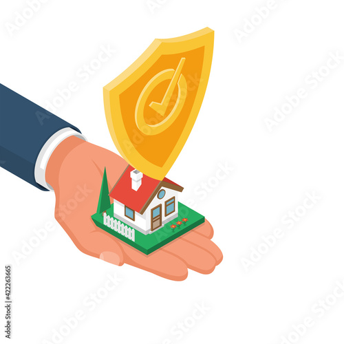 Shield as a symbol of preservation at home. Property insurance concept. Home in hand security agent. Landing page security, providing protection home from danger. Vector isometric design.