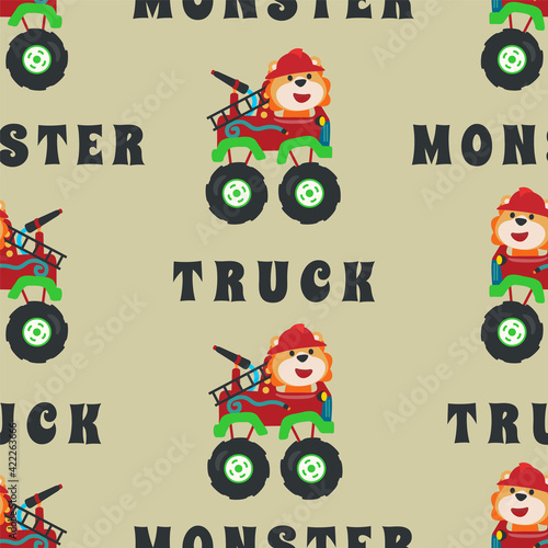 Seamless pattern vector of monster truck with animal driver  Creative vector childish background for fabric textile  nursery background  baby clothes  poster  wrapping paper and other decoration.