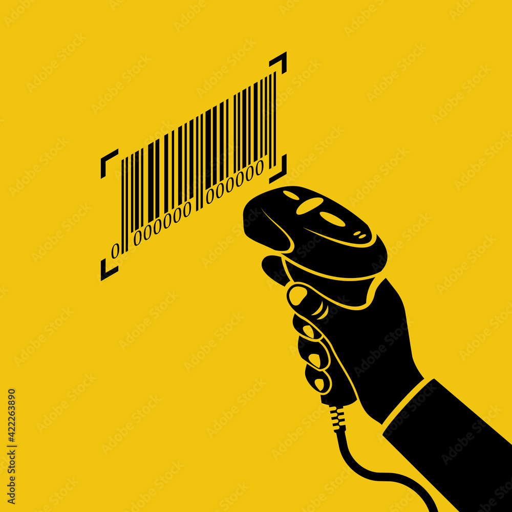 Black icon operator holds a barcode scanner hand. Silhouette scanning  Barcode. Equipment for accounting of goods. Vector illustration isometric  design. Product identification. Stock Vector | Adobe Stock