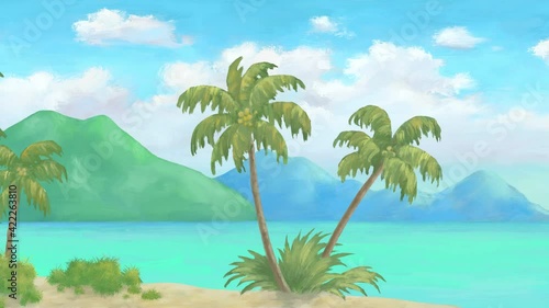 wild beach for relaxation with mountains in the background
