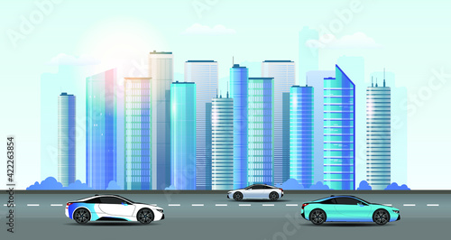 Picturesque panorama view on skyscrapers downtown of contemporary digital city. In the foreground there are modern automobiles on the highway. Vector graphic illustration.