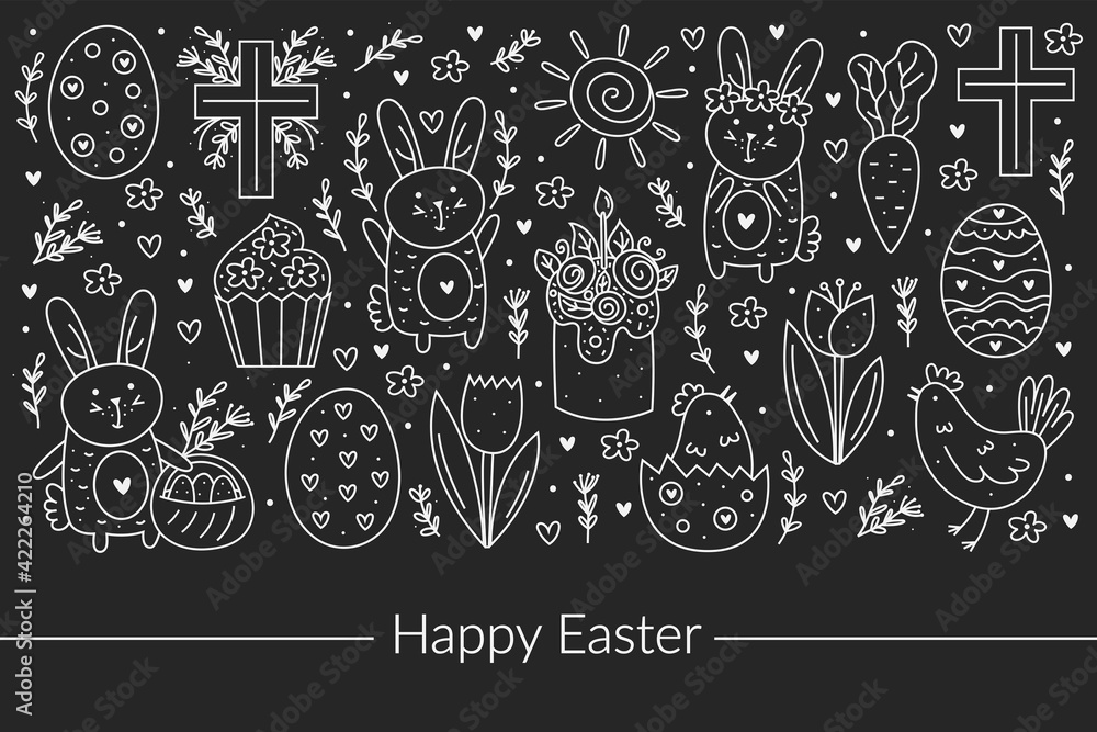 Fototapeta premium Happy Easter doodle line art design. Chalk board design elements. Rabbit, bunny, christian cross, cake, cupcake, chicken, egg, hen, flower, carrot, sun. Isolated on dark background. 