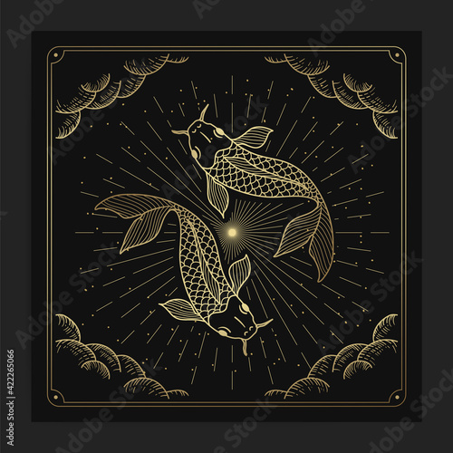 Zodiac pisces horoscope, fish with engraving, hand drawn, luxury, esoteric, boho style, fit for paranormal, tarot reader, astrologer or tattoo