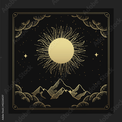 Sun or solar with engraving, hand drawn, luxury, esoteric, boho style, fit for paranormal, tarot reader, astrologer or tattoo