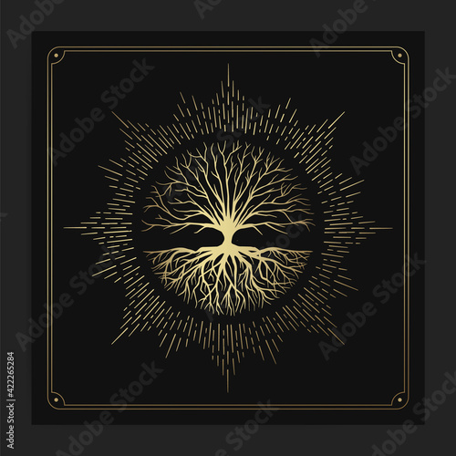 Tree of life with rays round shape design vector gold and green gradient isolated on black and white background