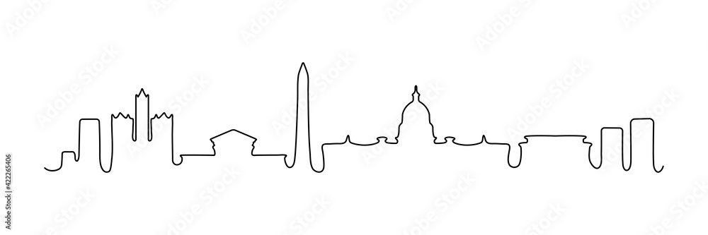 Fototapeta premium Washington one line buildings. USA city skyline architecture. Washington famous building. Minimal linear city life concept. Vector line art illustration isolated on white