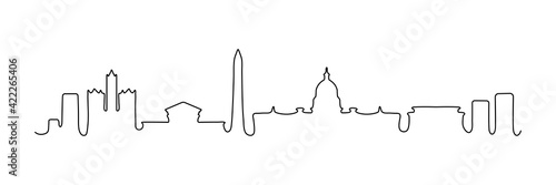 Washington one line buildings. USA city skyline architecture. Washington famous building. Minimal linear city life concept. Vector line art illustration isolated on white