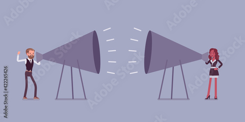 Giant megaphone shout out, man, woman shouting at each other. Motivational speech, business debate or discussion, emotional communication in financial conflict. Vector flat style cartoon illustration