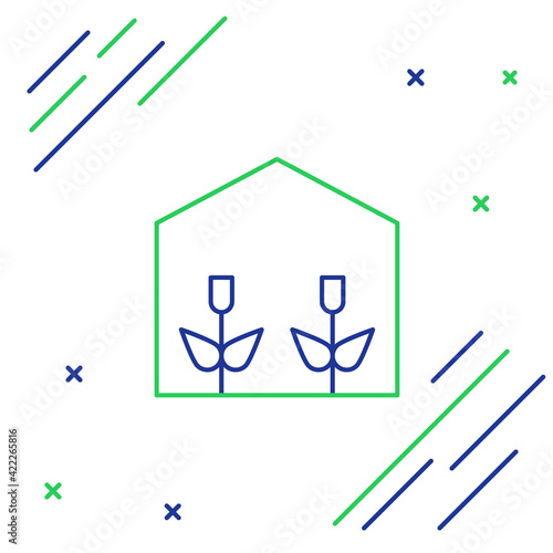Line Home greenhouse and plants icon isolated on white background. Colorful outline concept. Vector