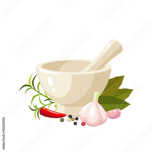 Pounding condiment mixture in porcelain mortar with pestle. Vector illustration cartoon flat icon isolated on white background.