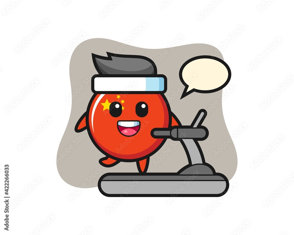 china flag badge cartoon character walking on the treadmill