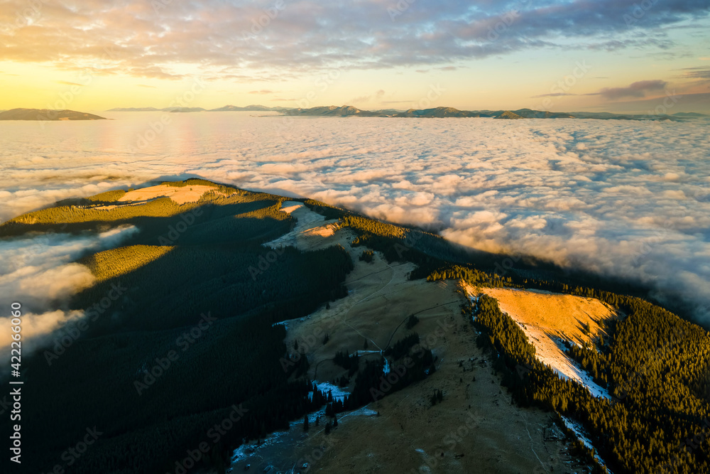 Aerial view of vibrant sunrise over mountain hills covered with evergreen spruce forest in autumn.
