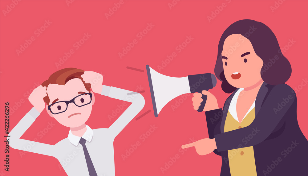 Bossy woman crying into megaphone in loud voice addressing man. Manager speaking through bullhorn, expressing strong emotion, explain the task, motivate to work. Vector flat style cartoon illustration Bossy woman crying into megaphone in loud voice addressing man. Manager speaking through bullhorn, expressing strong emotion, explain the task, motivate to work. Vector flat style cartoon illustration