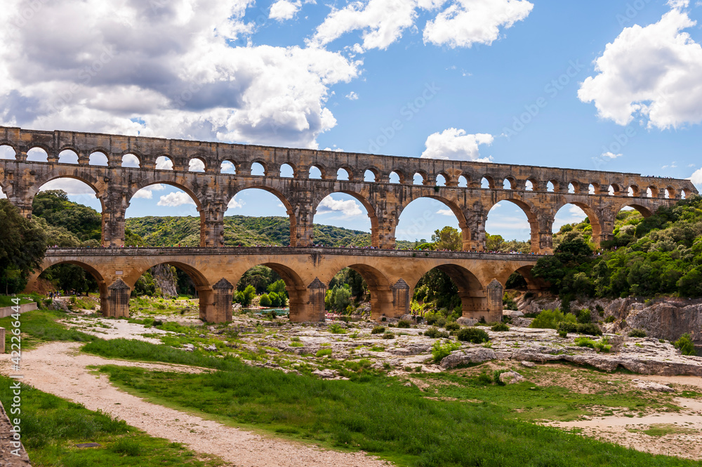 Panoramic of the highest aqueduct from Roman times, the Pont du Gard, in the Gard department, in Occitanie, France