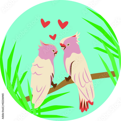 vector illustration, two parrots male and female are sitting on a branch on a blue background, surrounded by foliage, with hearts between them, couple of birds in love