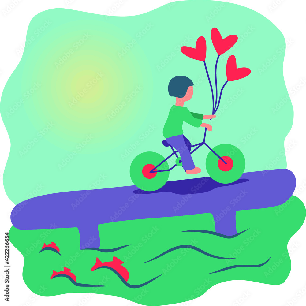 vector illustration, guy rides a bicycle across the bridge, holding heart-shaped balloons in his hand, the sun is shining, fish are visible in the water, flat simple style