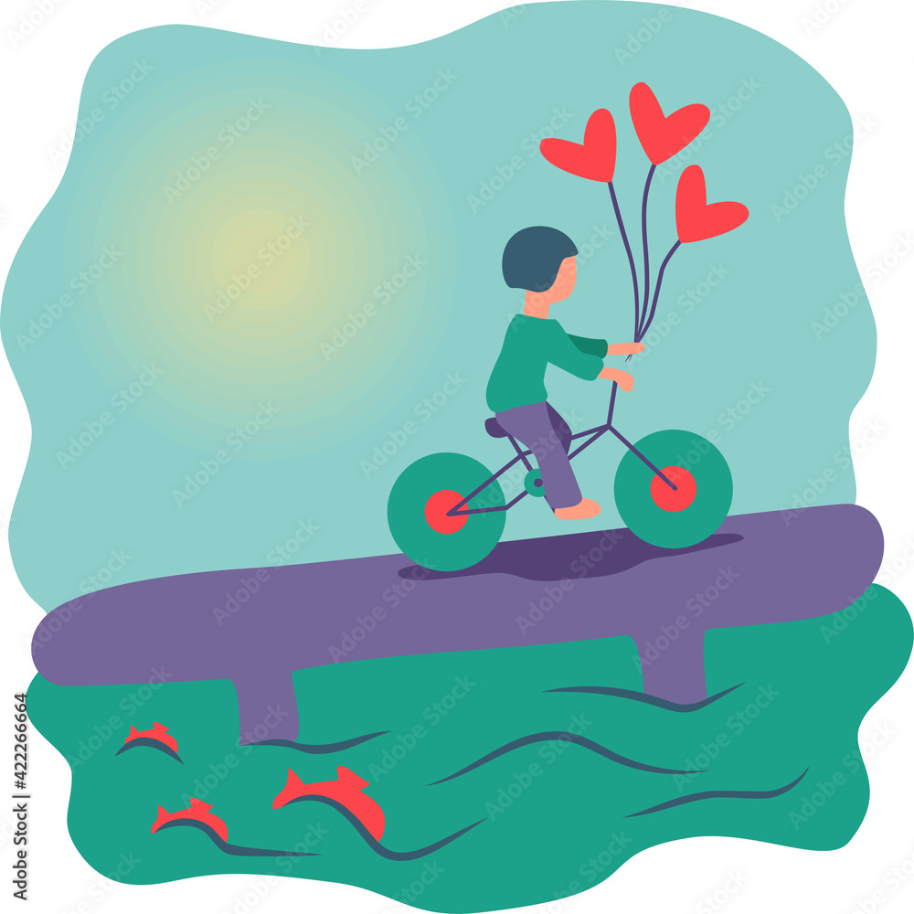illustration, guy rides a bicycle across the bridge, holding heart-shaped balloons in his hand, the sun is shining, fish are visible in the water, flat simple style