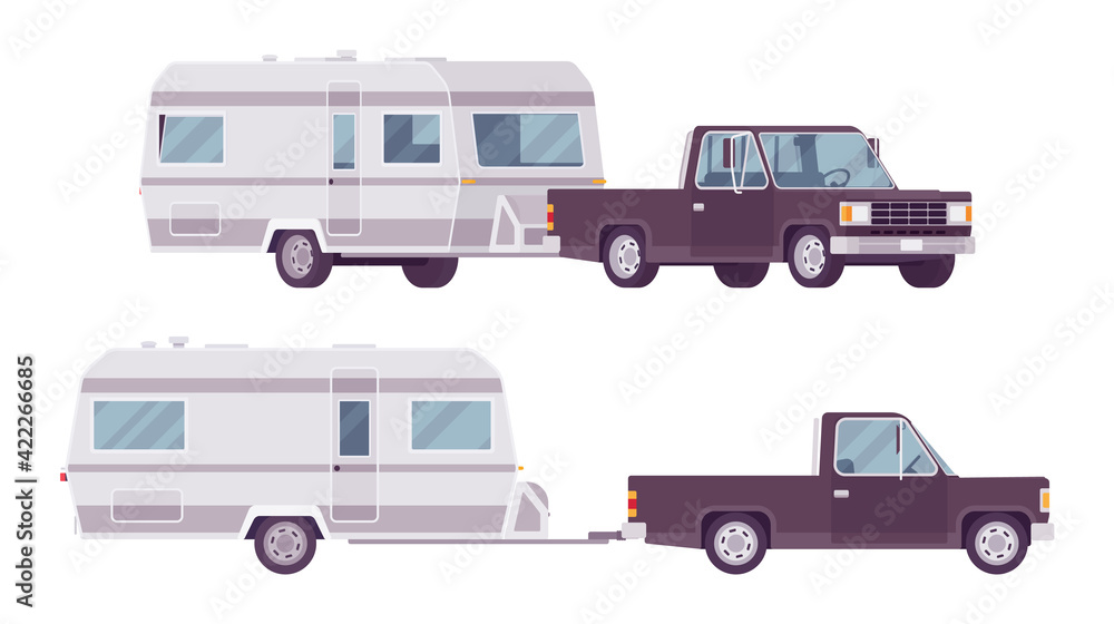 Camper trailer black car and covered wagon, family camping trip. Vehicle, transport, sleeping accommodation, traveling motor home. Vector flat style cartoon illustration isolated, white background